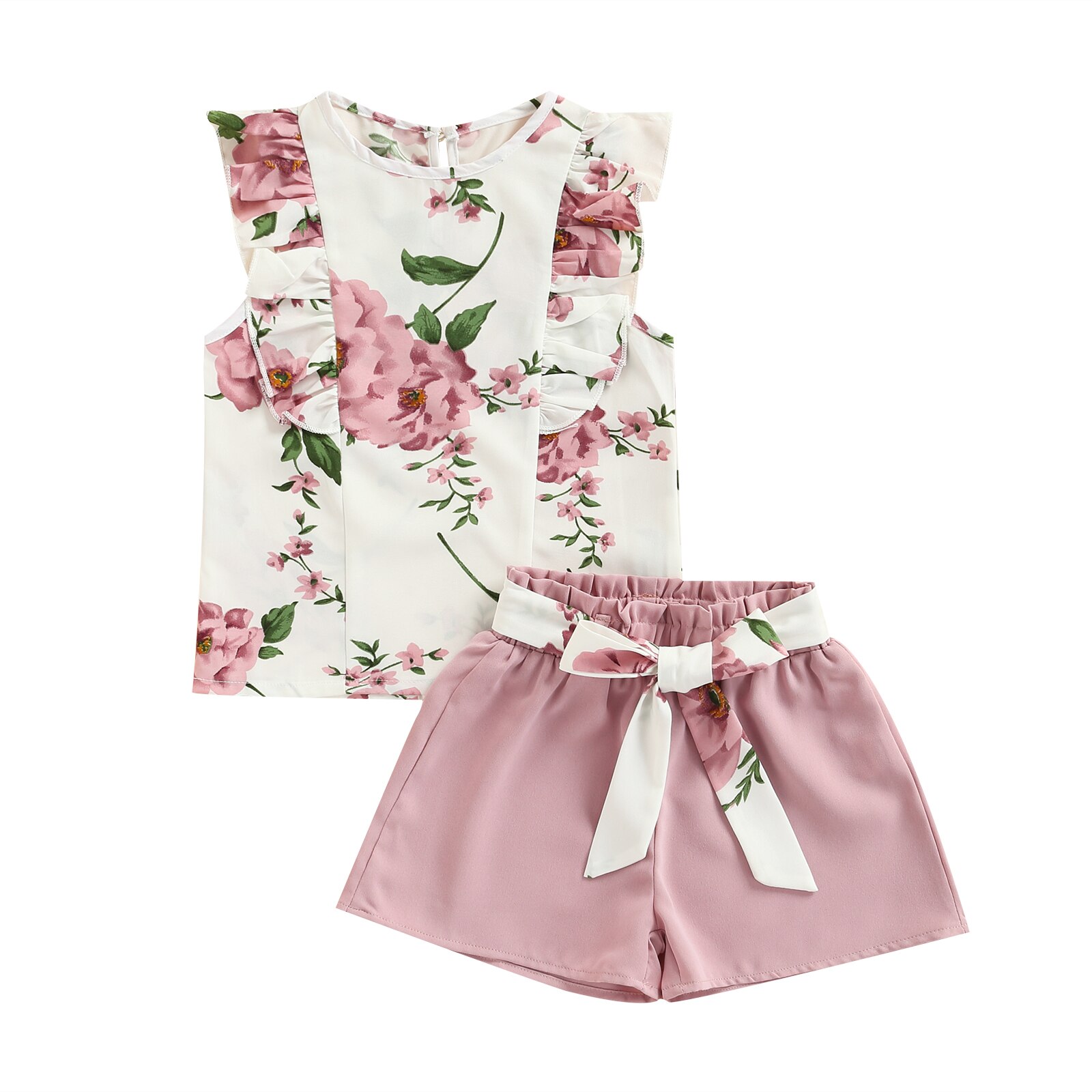 Toddler Kids Girls 2 pezzi Outfit, canottiere senza maniche con volant stampa floreale + pantaloncini elastici in vita con cintura Set estivo 2-7T