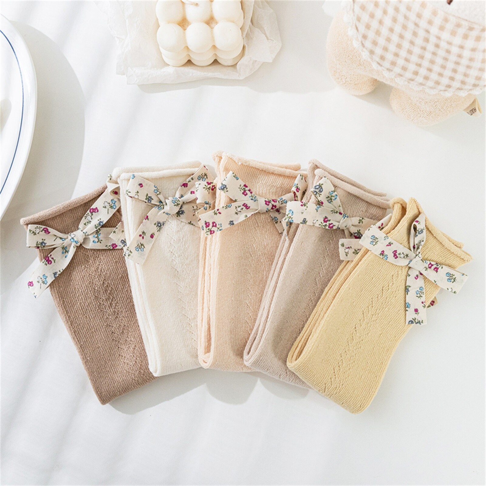 Peuter Baby Meisjes Kniekousen, Gekamd Katoen Mesh Hoge Sokken Met Bloemen Strik Decoratie Voor Kinderen, 5 Kleuren