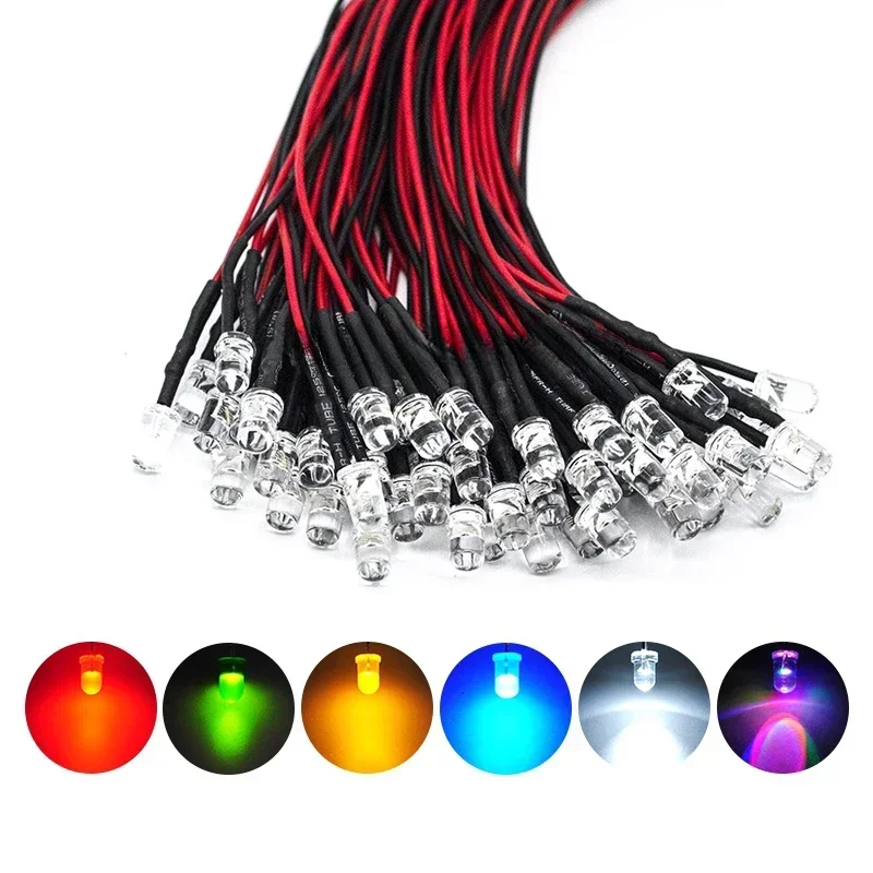 10/50 stk. 3v 5v 12v 24v dc 5mm vannklare ledet-dioder rød/grønn/blå/gul/uv/oransje/rosa/varm/hvit/rgb forhåndskablet 20cm- kabel