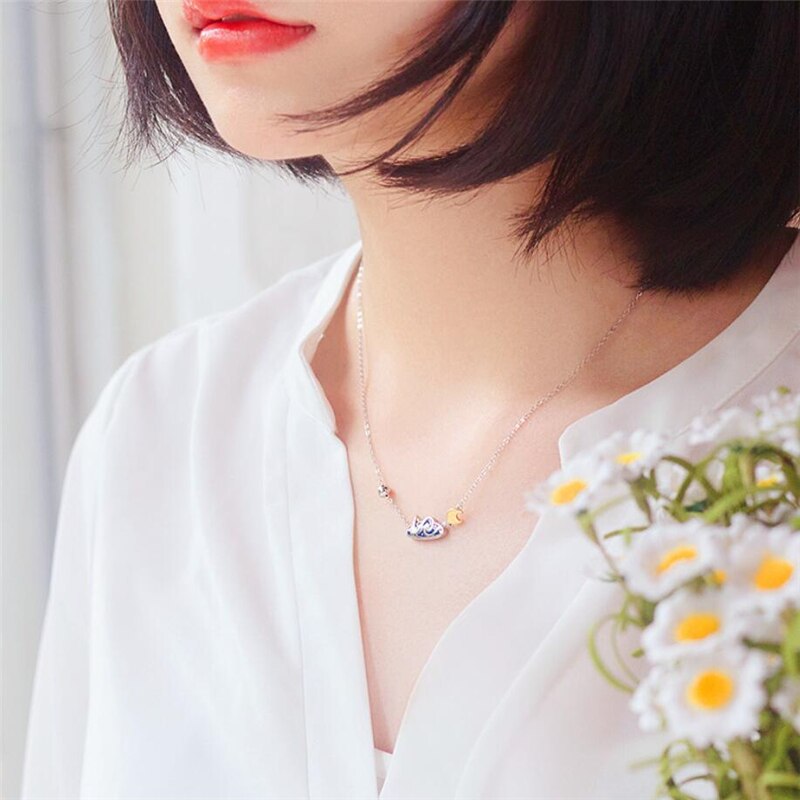 WYEAIIR 925 szterling srebro kreatywność awangarda Gogh niebieski kropla glazury gwiaździste niebo złoty księżyc kobiet naszyjnik