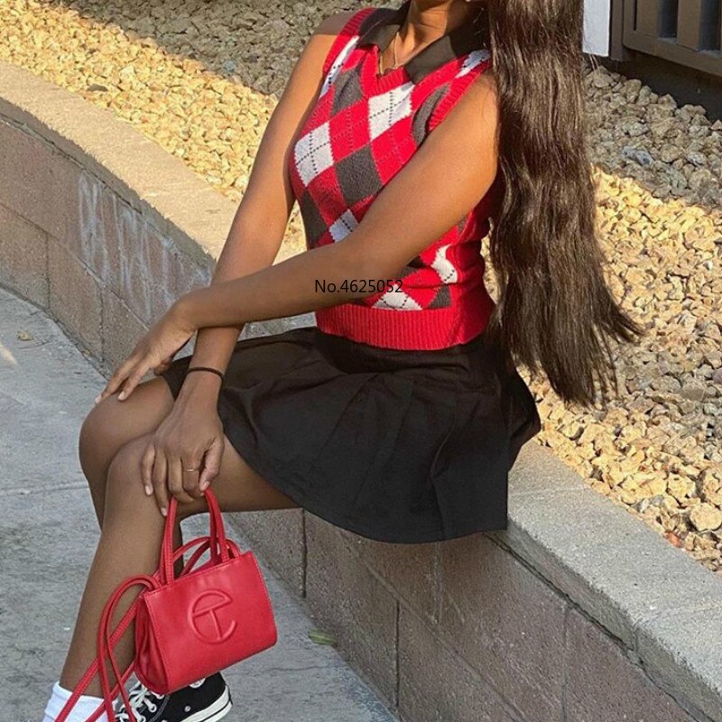 England Preppy Plaid Sweaters Women Ribbed Patchwork Vest Casual Sporty O-Neck Sleeveless Tanks Crop Top Female Streetwear