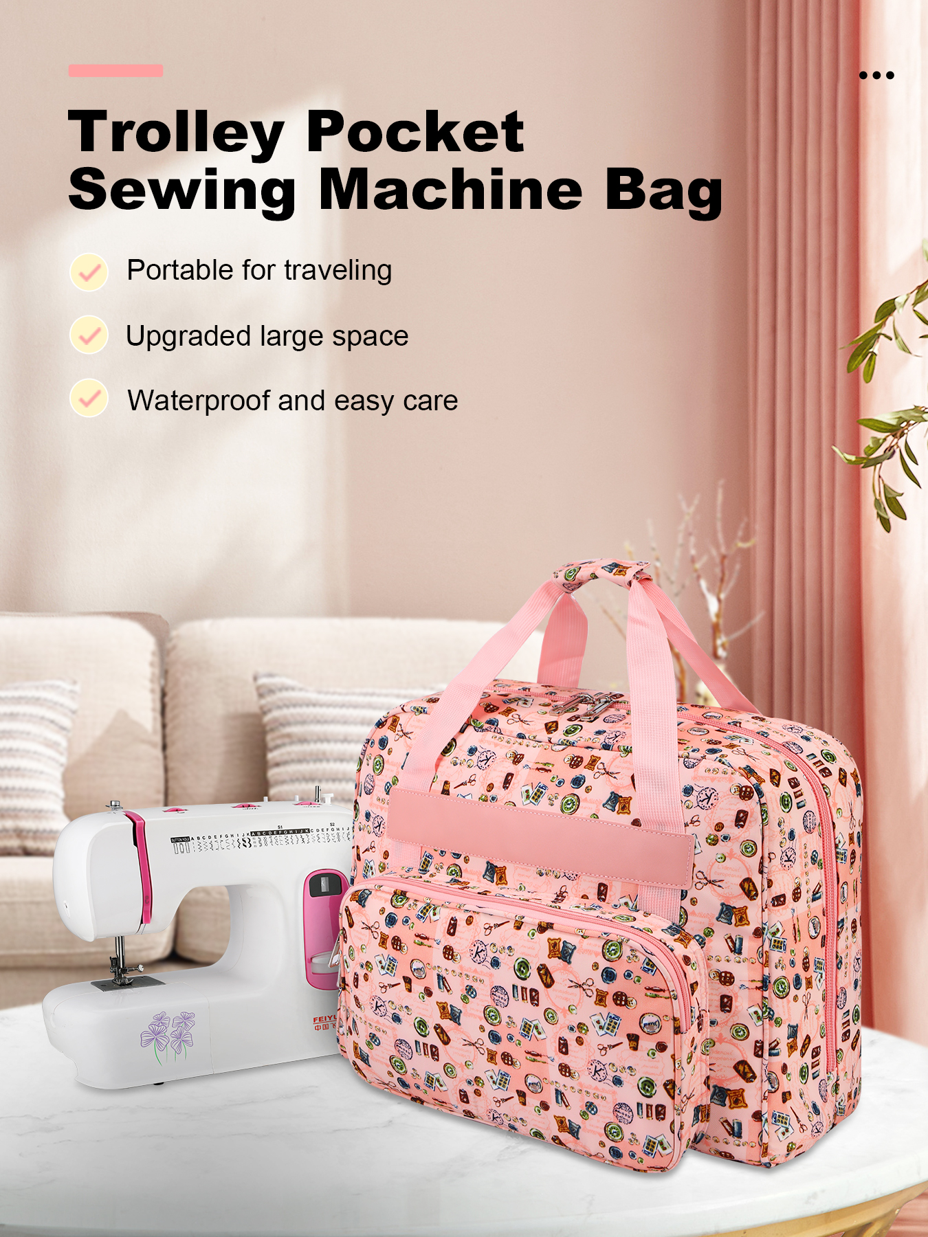 Bærbar symaskinveske med trekkstang, innstikkslommer for reise og et verktøysett for strikke- og sytilbehør