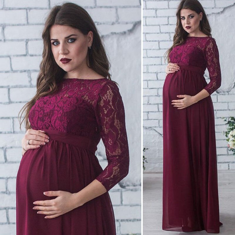 & smukke barsel kvinder aftenkjole plisseret maxi graviditet baby shower brudekjole: Rødvin / S