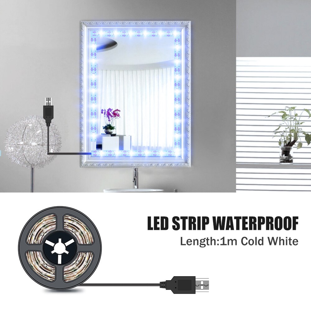 Luz LED para espejo de maquillaje, luces de tocador Hollywood impermeables de 5V, 1M, 2M, 3M, 4M, 5M, para decoración de baño: 1M Cold White