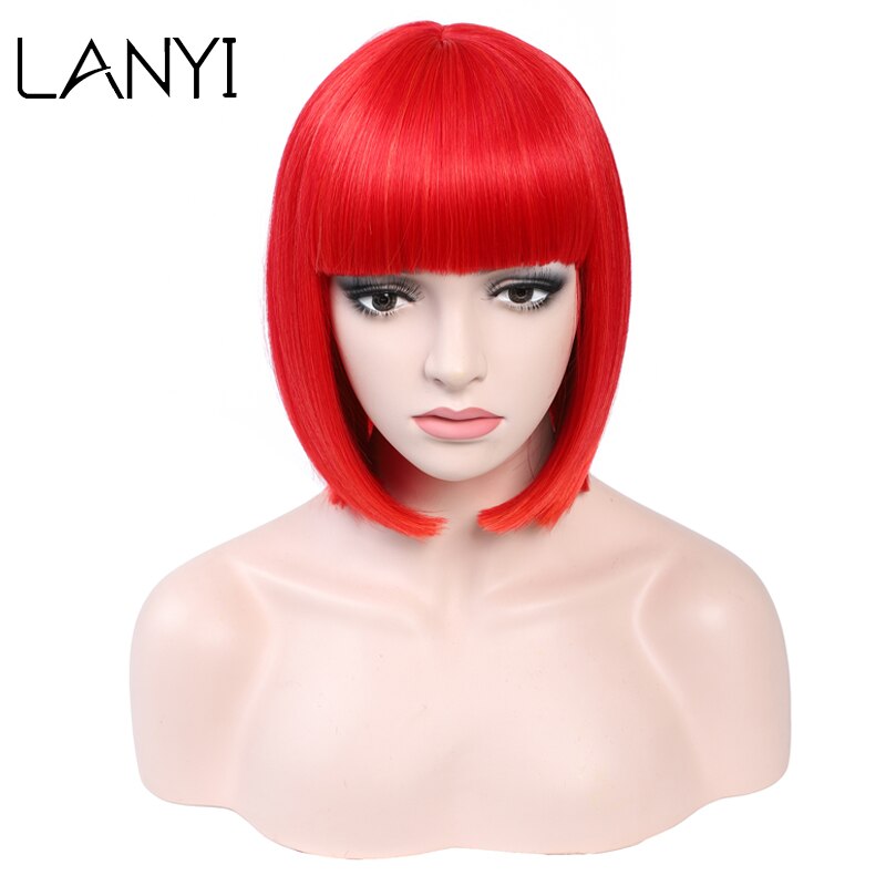 Lanyi kort lichtrood steil bobkapsel met pony synthetisch haar voor vrouwen 12 cm hittebestendige vezels dagelijkse natuurlijke pruiken: Rood