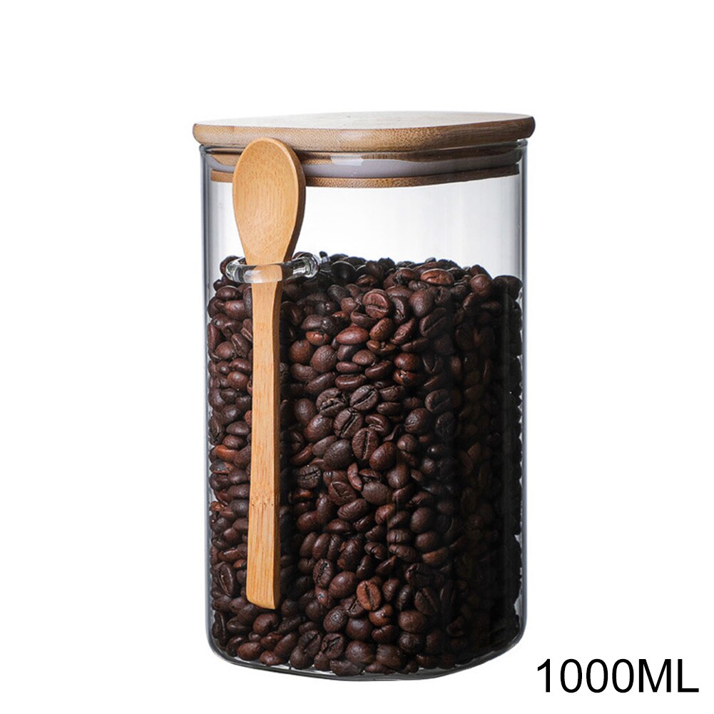 Lufttett matoppbevaringskrukke glass kaffebønne krydder sukker mel krukker beholdere med lokk og treskje te kaffebønner korn: 1000ml