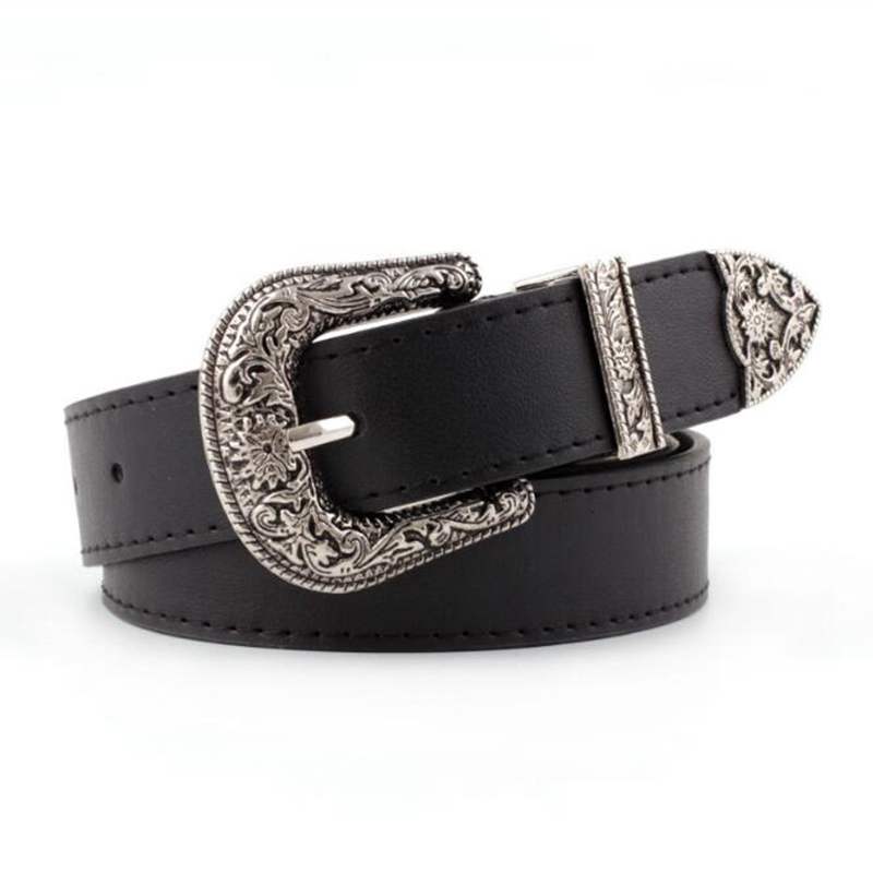 Svart lær kvinner belter vintage western cowgirl kvinnelig belte metall spenne midje belte brun hvit carve damer jeans bukser belter: Svart