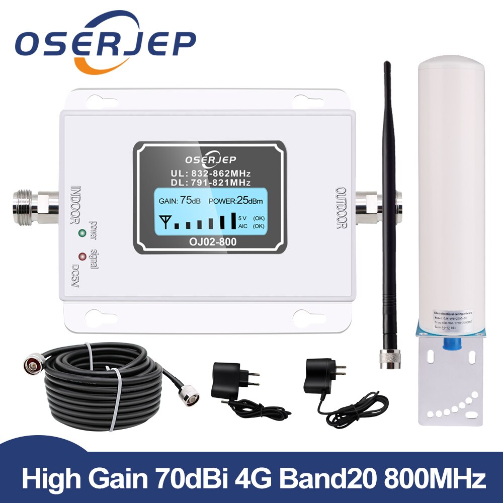 Band20 LTE 800Mhz Repeater LTE 4G Cellular Amplifier Mobile Signal Booster Cell Phone Signal Booster LTE 800 Repeater+4G Antenna