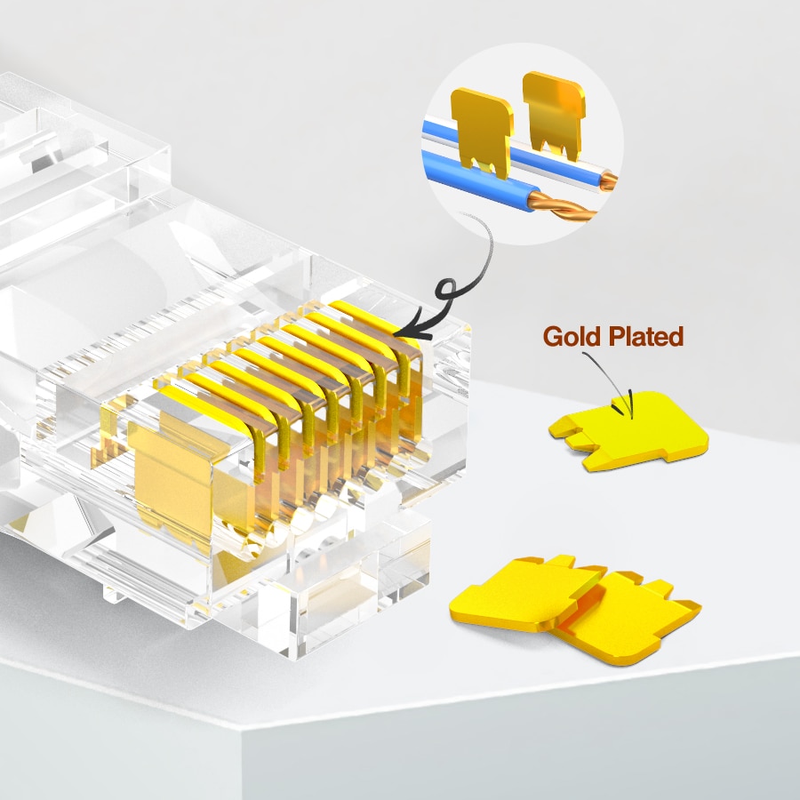 Ampcom-conector de tomada modular cat5e cat/cat6 utp 50u, conector ethernet 8p8c para crimpagem