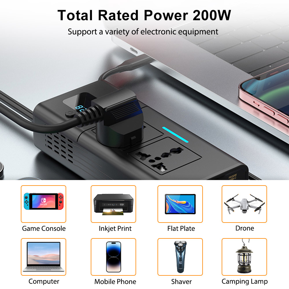 Deelife Car 220v Inversor 12 a 220 Conversor de potência de tensão 200W para veículos 12V