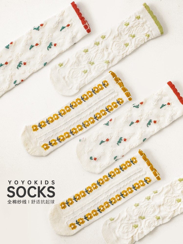 Girls' Pastoral Style Socks 2022 Spring Wavy Edge Three-Dimensional Flower Medium Tube Socks