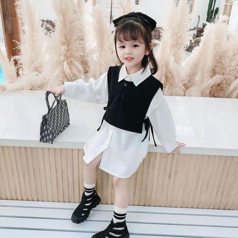 Ensemble chemisier blanc + gilet noir pour filles, vêtements de printemps et d&#39;automne, en coton, manches longues, Style collégien, laçage latéral, chemises pour filles
