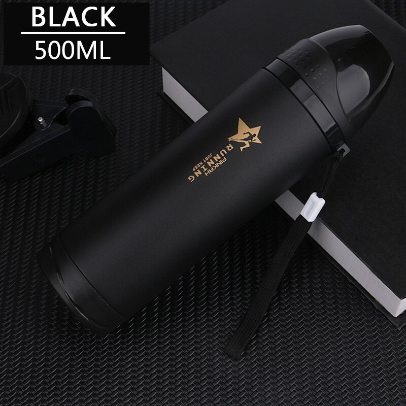 Termo de doble pared de acero inoxidable PINKAH, botella térmica Taza de Viaje de agua, taza al vacío, escuela, oficina, taza de café 500ML: BLACK