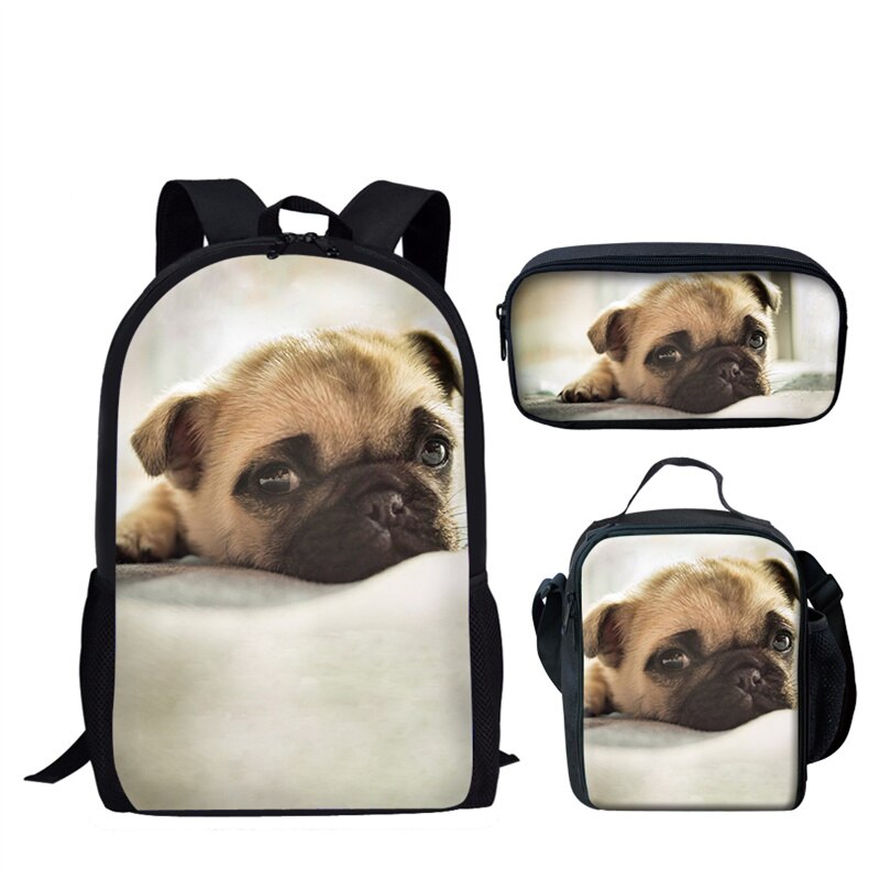 Nopersonality Teenager Girls Pug School BookBag Puppy Bagpack School Bag Print 3Pcs Kids Children Black Backpacks Women Mochilas: L1643CGK