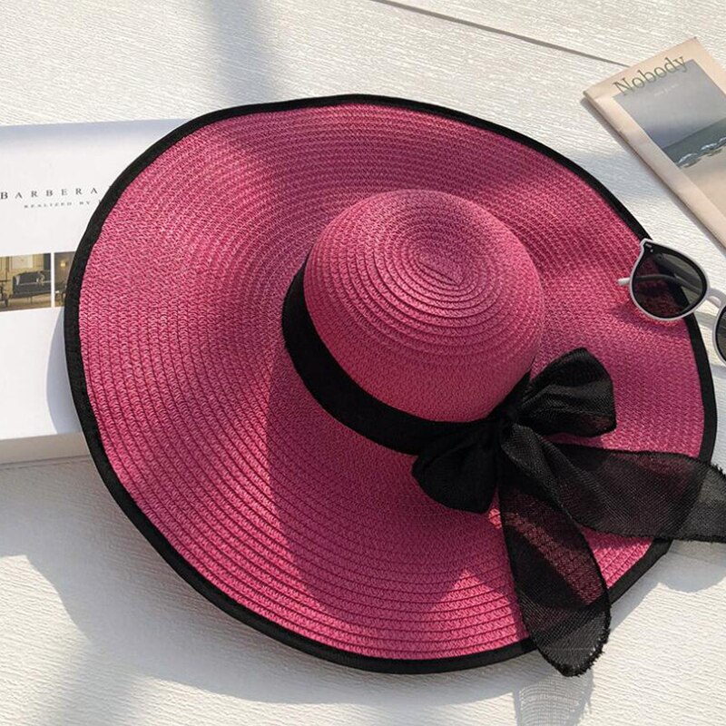 Zomer Panama Hoed Grote Rand Strooien Hoed Floppy Wide Brim Zon Hoeden Strik Strand Opvouwbare Hoeden Caps Voor Vrouwen Chapeu feminino: Rose Red