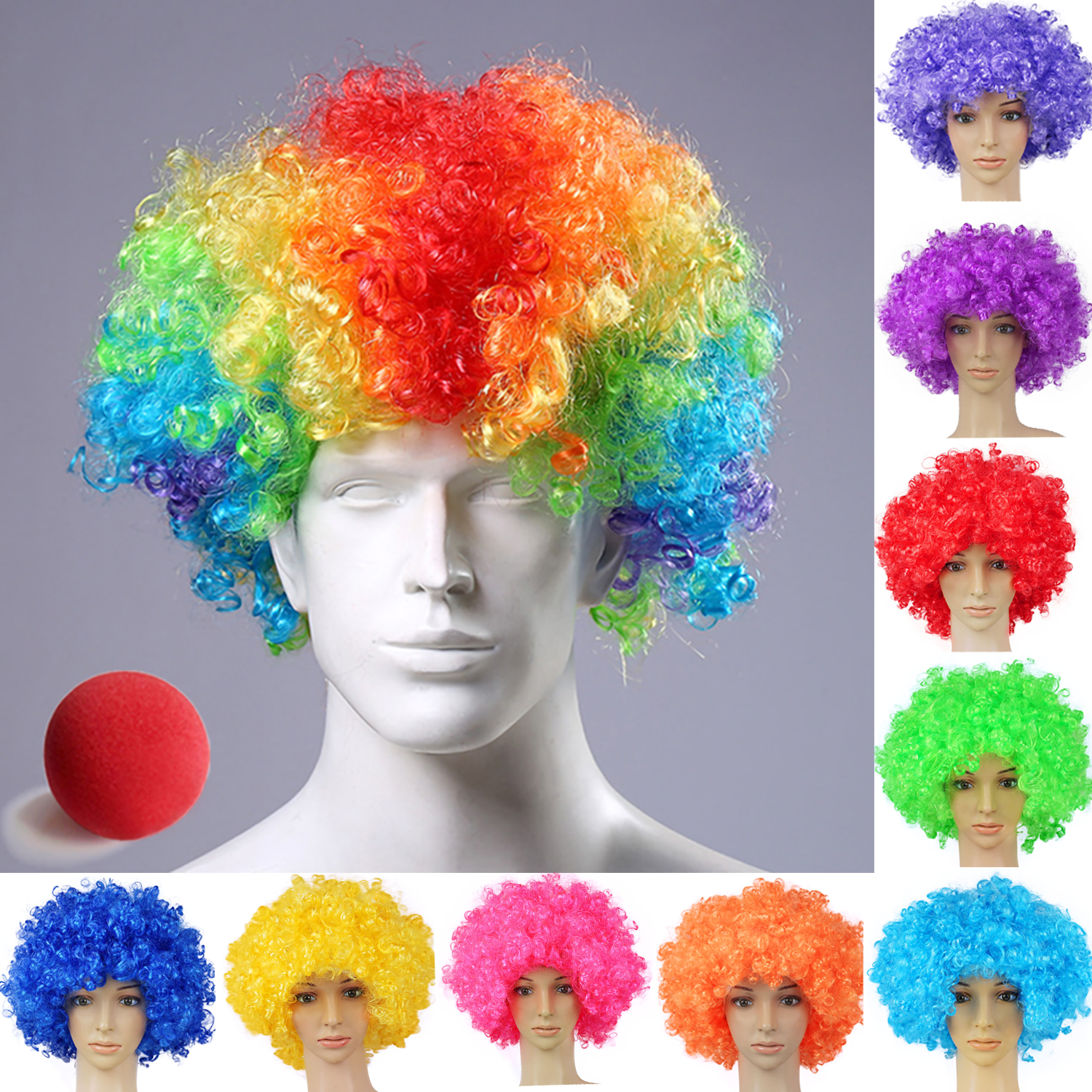 Kleurrijke Clown Pruik Afro Krullend Synthetische Pruik Cosplay voor Mannen Vrouwen Mardi Gras Party Pruik Rood Groen Geel Blauw Pruik Clown Neus
