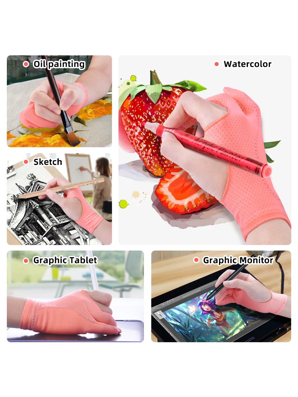 Luva de desenho artístico para qualquer mesa de desenho gráfico, 2 dedos, antiincrustante, para mão direita e esquerda, luvas pretas de desenho, 1 peça