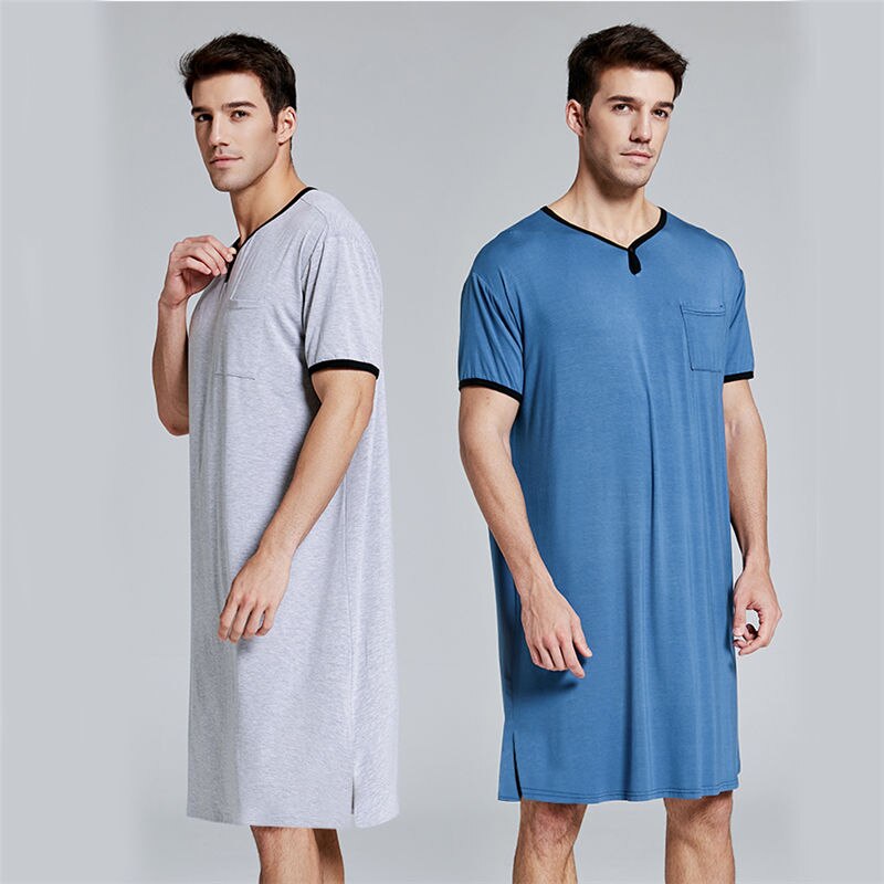 Men Sleep Robes Pajamas Short Sleeve Solid Pajamas Pockets Cozy Cotton Vintage Homewear Nightgown Mens Bathrobes Men Clothes