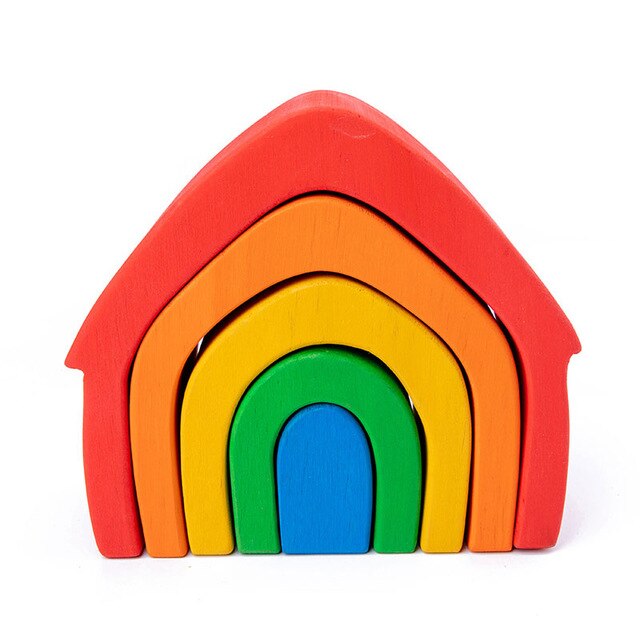 Baby Montessori Wooden Building Blocks Rainbow Stacker Wooden Toy Flame House Stone Rainbow Blocks Geometric Wooden Toys For Kid: Wooden house