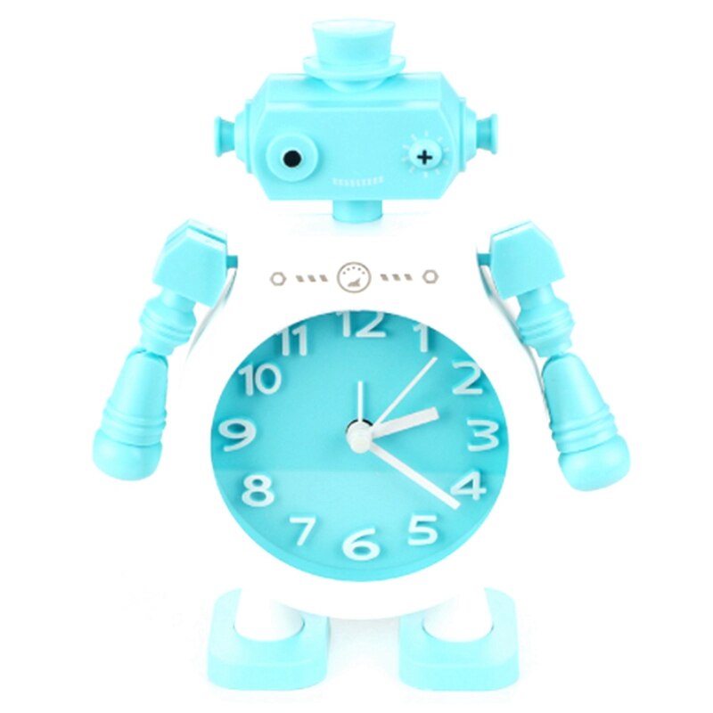 Reloj despertador para dormitorio, Robot con movimiento de brazo articulado, decoración de dibujos animados, para niños, regreso a la escuela: Blue