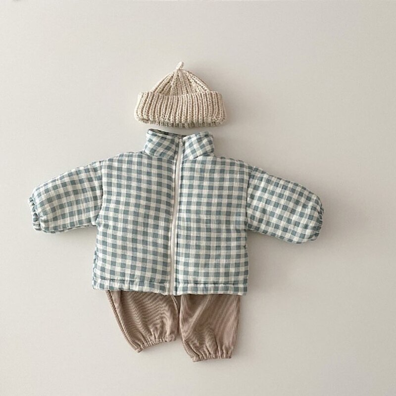 Herfst Winter Pasgeboren Baby Jongens Meisjes Kleding Outfits Plaid Dikke Warme Beneden Katoenen Jas Jas Voor Baby Kleding Koreaanse Bovenkleding