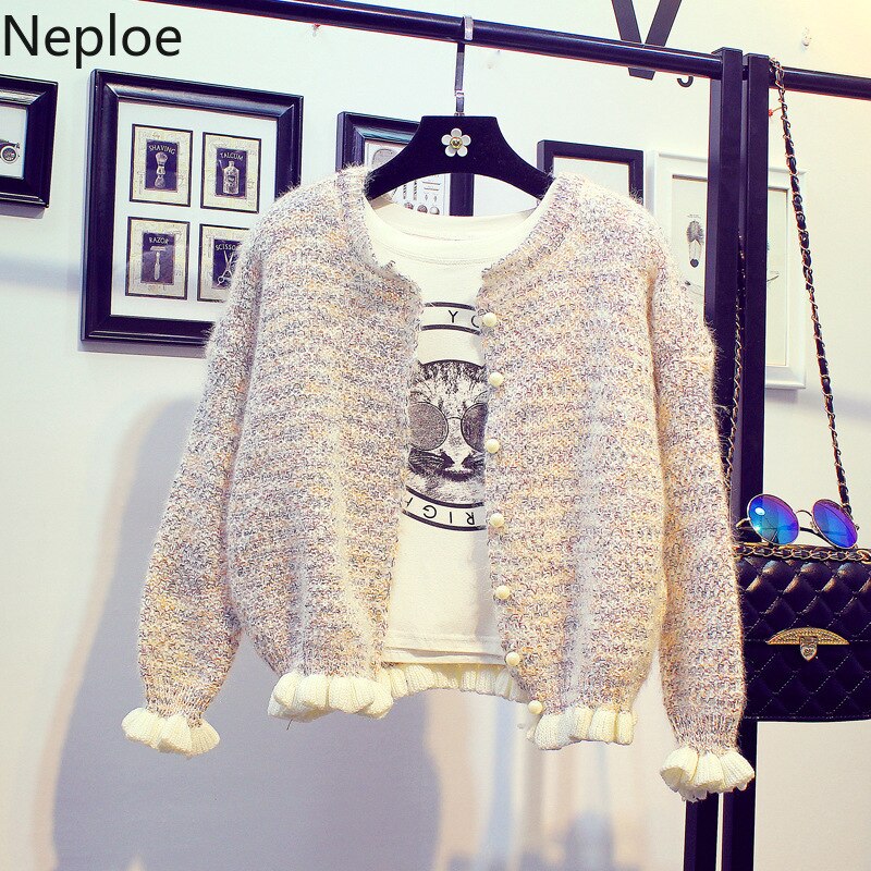 Neploe koreansk sød stil korte cardigans sweater kvinder flæser o hals perle veste femme løs strik studenterfrakke 46277
