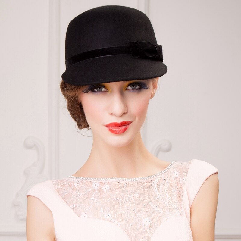 British Winter Hat Female British Style Wool Hat Lady Wool Cap Black Wool Hat Curling Brim B-7488