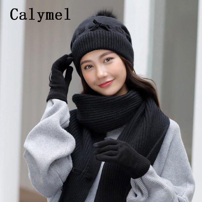 Calymel Winter Wollen Muts Sjaal Handschoenen Set Dames Mode Gebreide Set 3pcs Plus Fluwelen Dikke Outdoor Ski warm Set