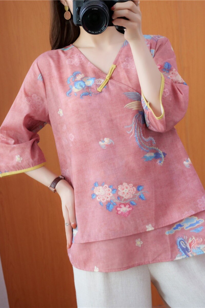 2022 chinese traditional top v neck floral printing cotton and linen qipao collar loose hanfu top tang suit