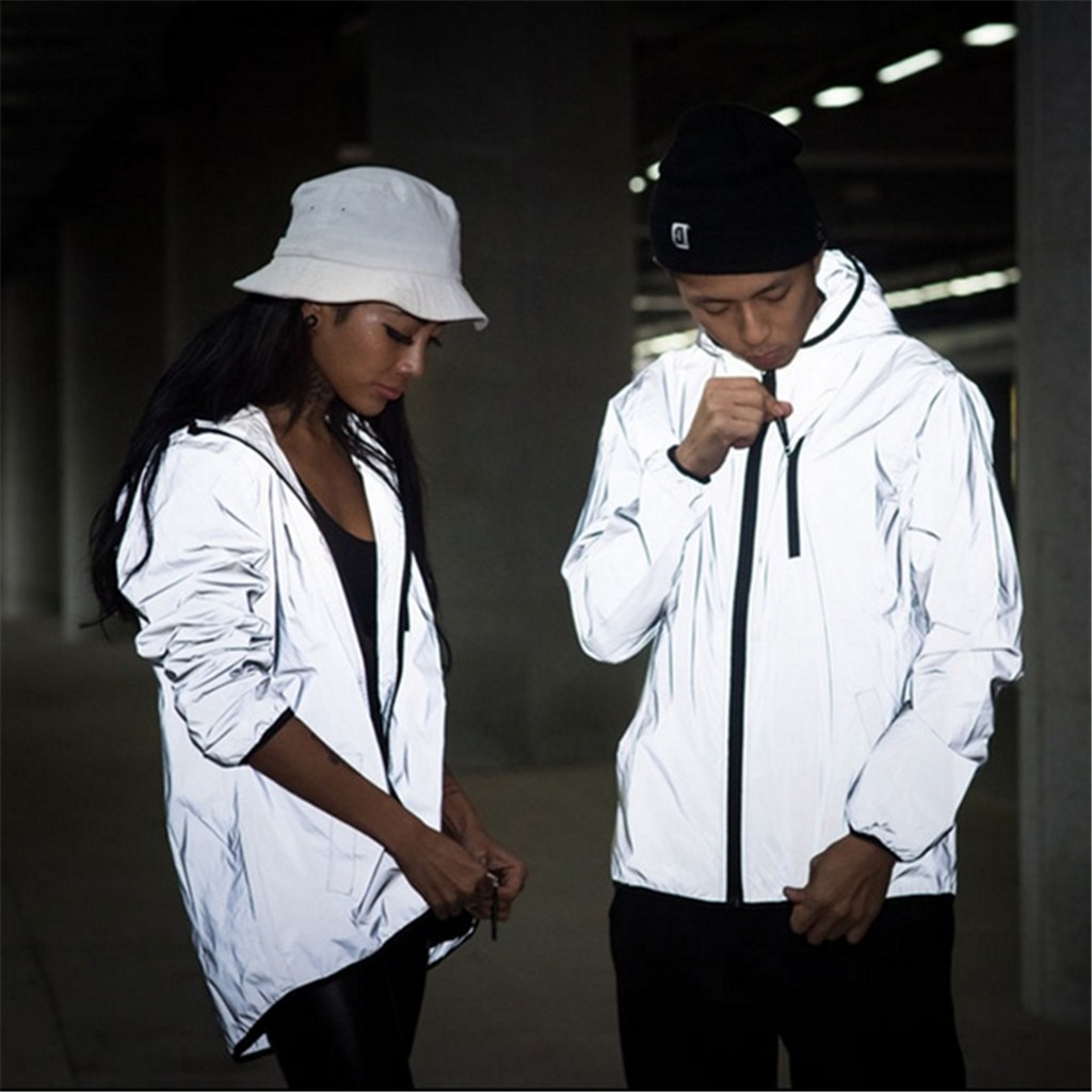 Kancoold fuld reflekterende jakke mænd / kvinder harajuku vindjakke jakker hætte hip-hop streetwear nat skinnende lynlås frakker