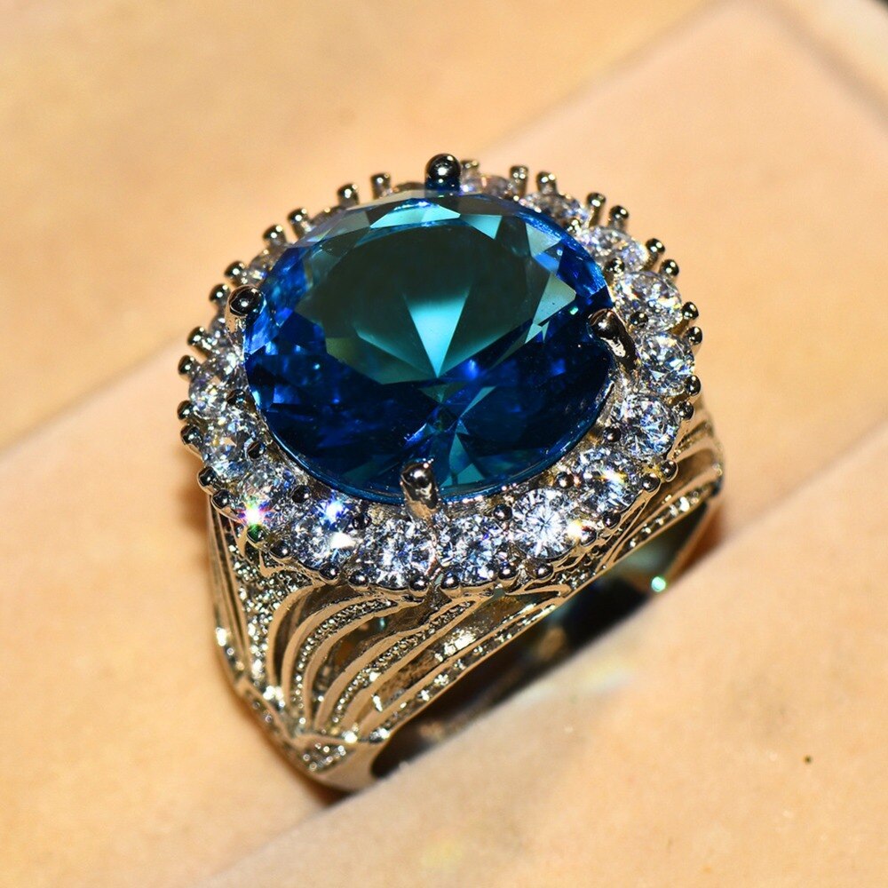 Luxe Vrouwelijke Grote Blauwe Steen Ring Zilver Kleur Trouwringen Voor Vrouwen Jaar Mode Engagement Ring Sieraden