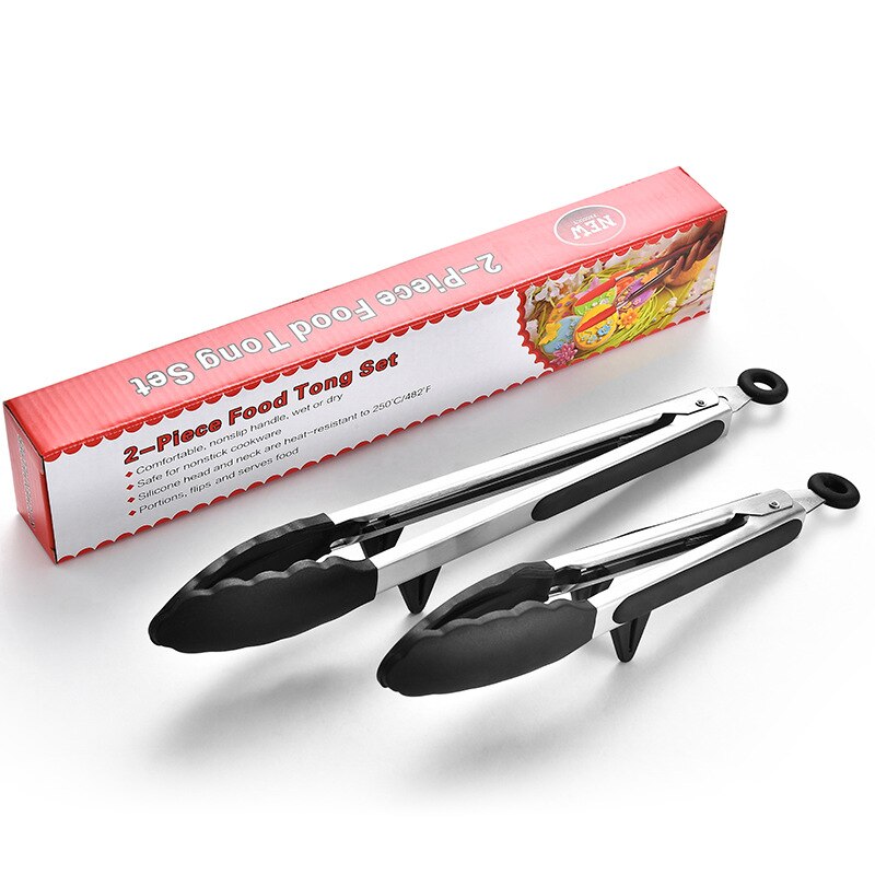 2PCS Food Tong Stainless Steel Kitchen Tongs With Non-Stick Silicone Tips Built-in Stand Clip Tong For BBQ, Salad, Grilling, Fry