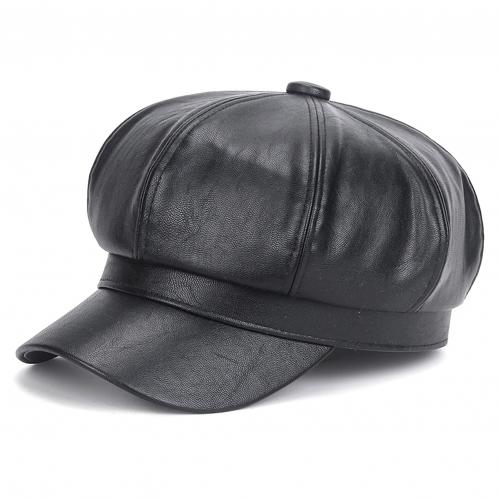 Vrouwen Hoeden Baret Cap Kunstleer Verstelbare Octagon Faux Lederen Hoeden Voor Party Street Wear Шапка Зимняя Женская: Black