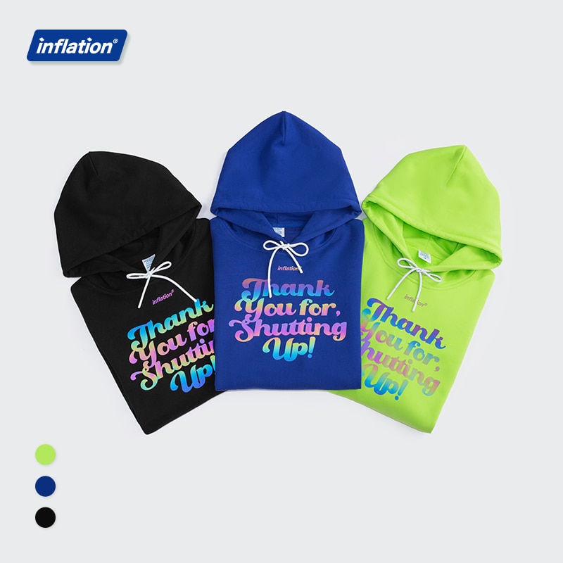 INFLATION Slogan Reflective Hoodie Men Streetwear Spring Stylish Blue Oversized Hooded Sweatshirt Couple Pullovers