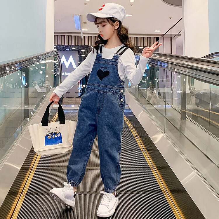 Teen Girls Denim Overalls Autumn Heart Print Girls Suspender Pants Casual Teenage Children's Rompers Jumpsuits 6 8 10 12 14 Y