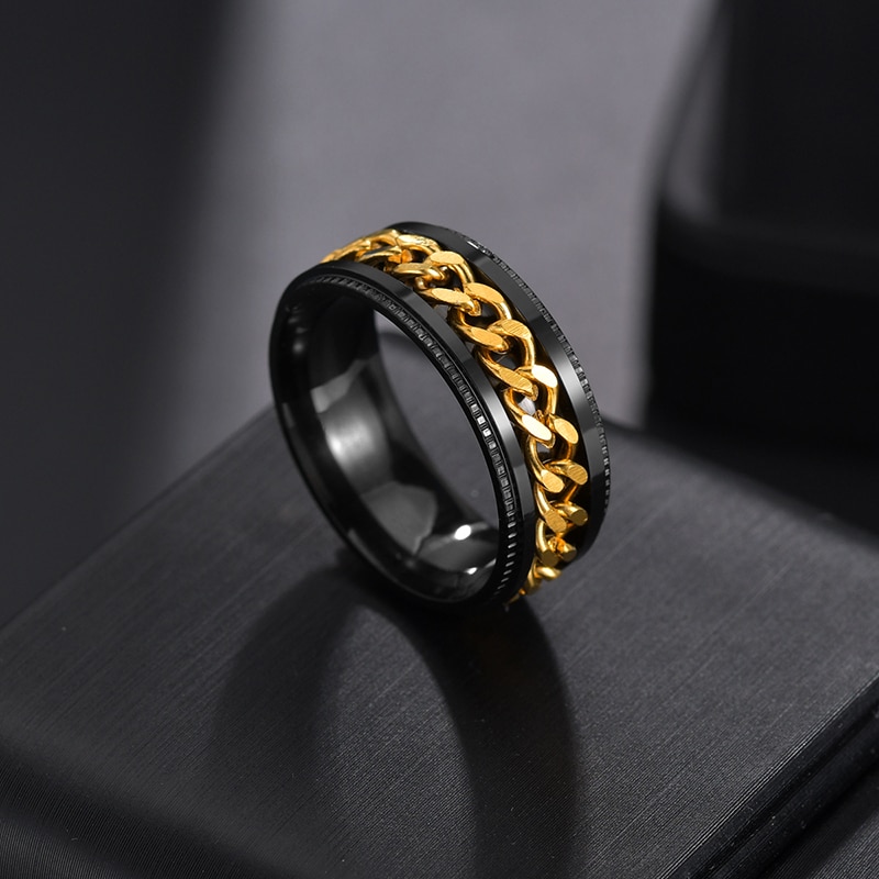 FDLK 8mm Cool Black &amp; Blue Spinner Chain Ring For Men Stainless Steel Rotatable Chain Ring Male Punk Jewelry: 6 / Gold