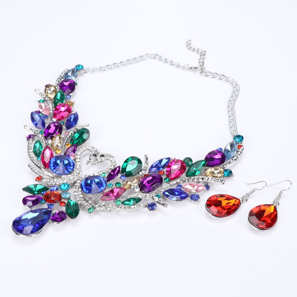 Crystal Bridal Jewelry Sets Gold/Silver Plated Swan Pendant Necklace Women Party Wedding Prom Necklace Earring Accessories: Silver