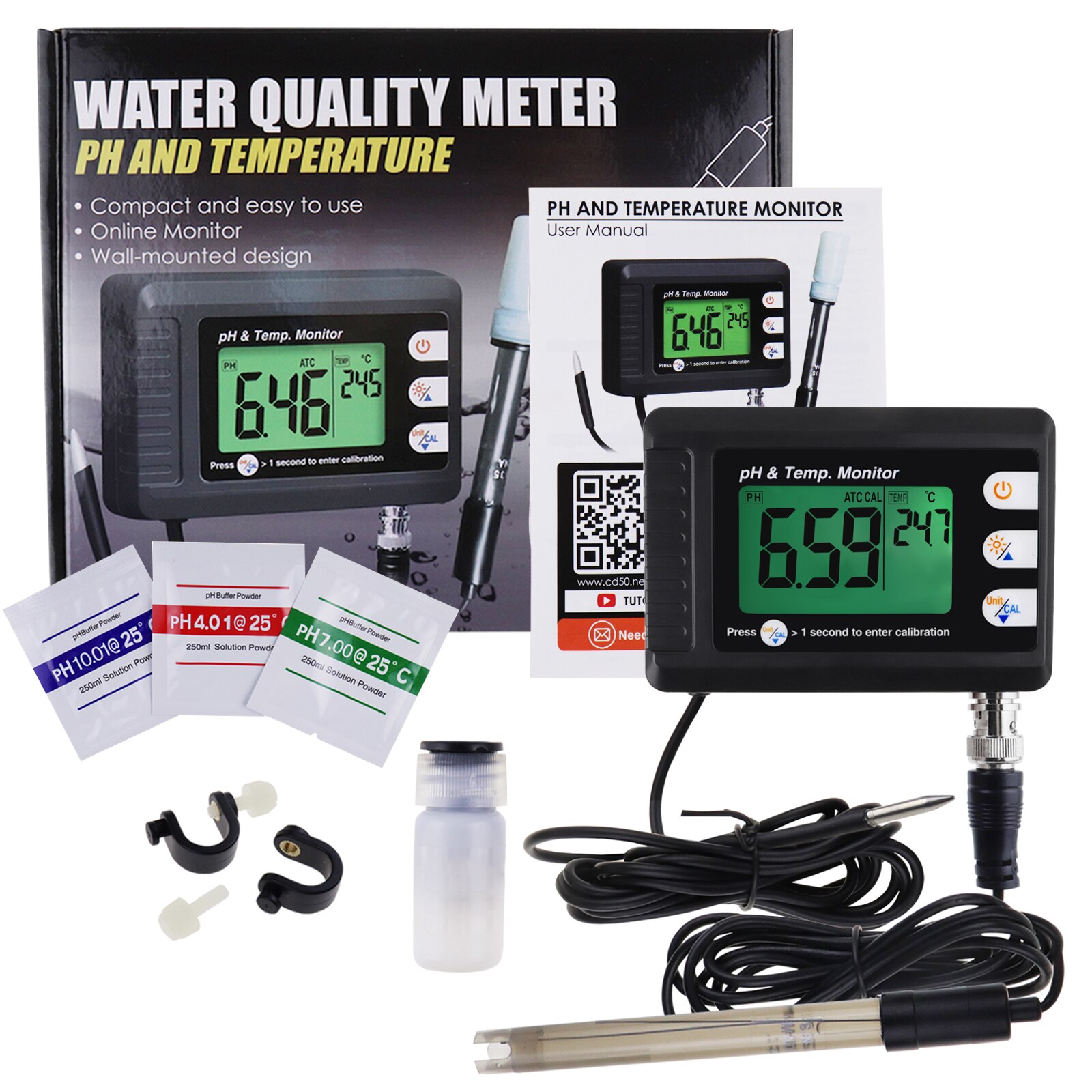 2-In-1 Combo Ph & Temperatuur Meter Aquarium Monitor Thermometer Voor Aquaria Laboratorium W/Vervangbare bnc Ph Elektrode: without tripod