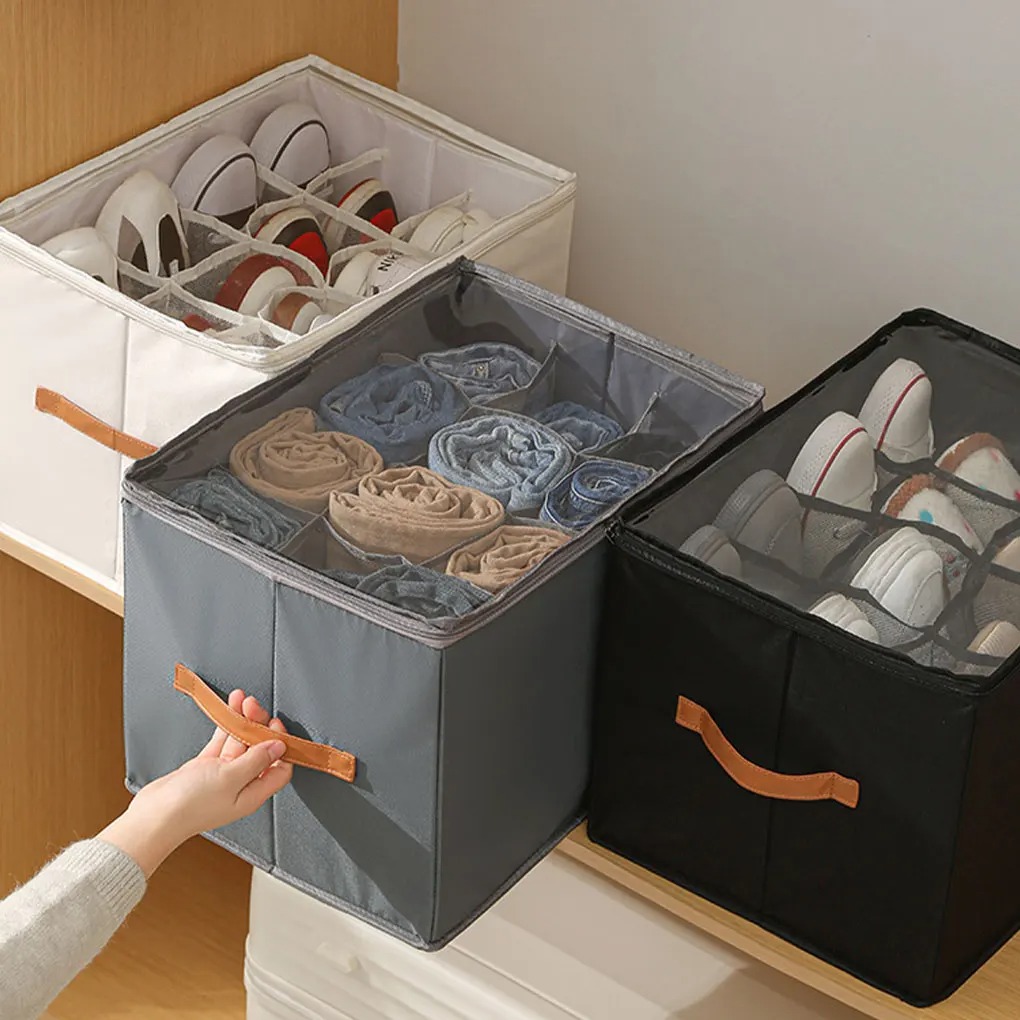 Fabric Shoe Organizer Foldable Shoe Storage Bin with Clear Lid Shoe Storage Box Adjustable Dividers for Sneakers Loafers Sandals