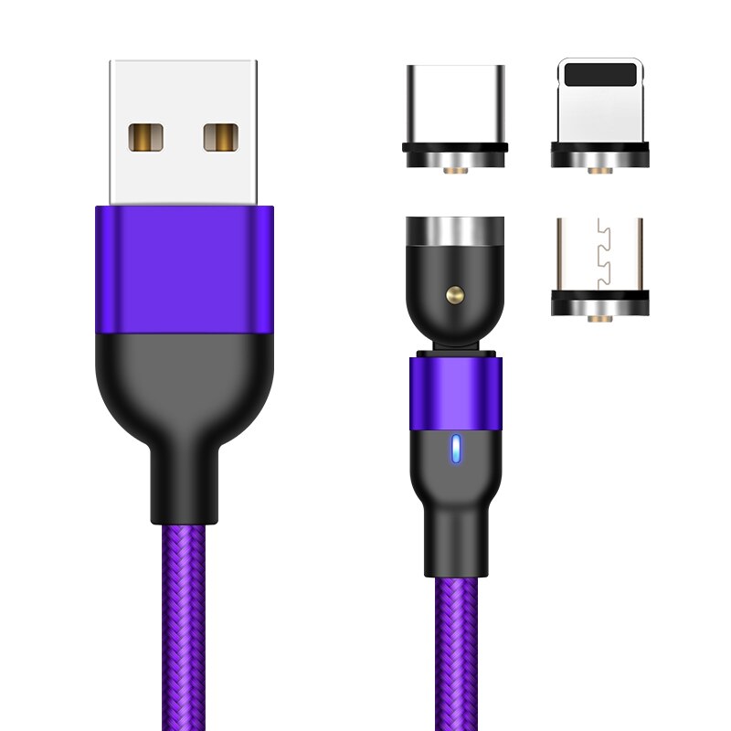 360+180 magnetisk mikro usb kabel för iphone samsung android magnet laddare usb typ c kabel mobiltelefon sladd tråd: 1m lila 3 pluggar