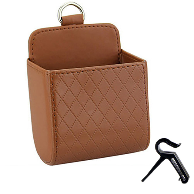 1pc Car Storage Bag Air Vent Dashboard Tidy Hanging Leather Organizer Box Glasses Phone Holder Storage Organizer Car Accessories: Brown