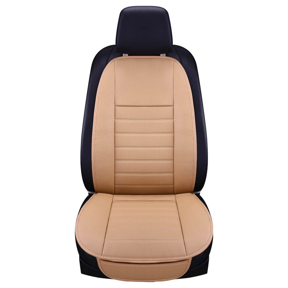 Aiyomo almofada para assento de carro, de couro pu, luxuosa, para a maioria dos carros, com encosto fino, 1 peça, 3 cores, não-capa de assento de carro silp: beige front 1pcs