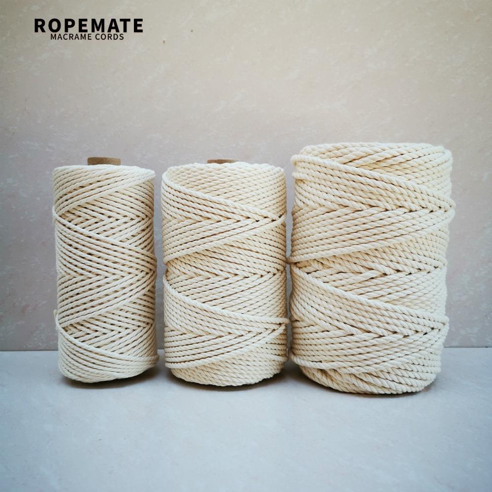 Ropemate premium blød bomuldssnor 3 mm 4mm 5mm 100m - 3- lags - naturlig farve til håndværk diy indretning