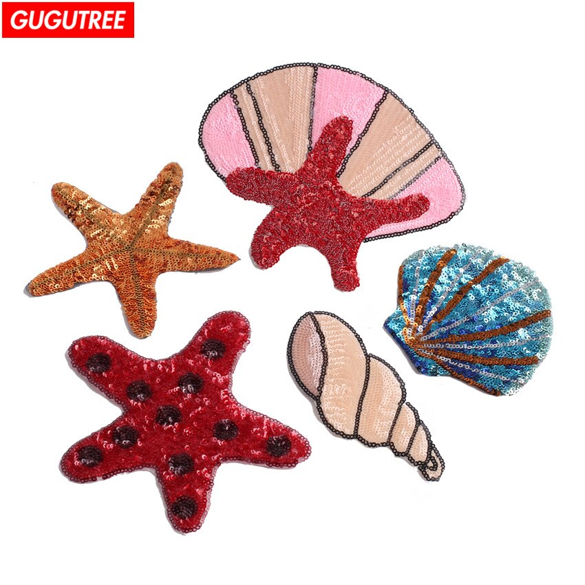 GUGUTREE embroidery paillette big shell patches starfish patches badge Applique Patch for Coat,T-Shirt,hat,bags,Sweater,backpack