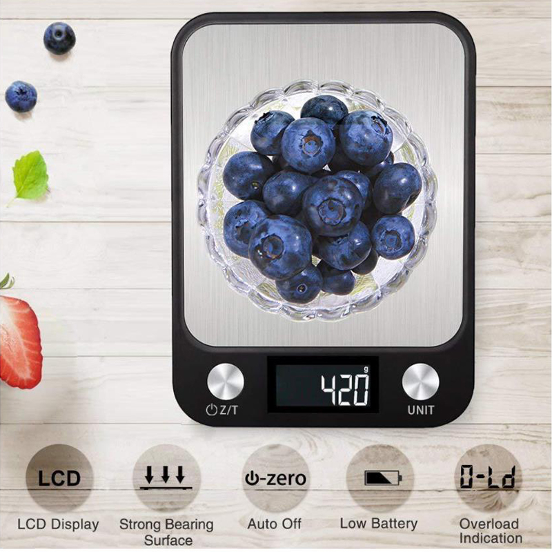 Digital Multi-function Food Kitchen Scale 5kg/1g Stainless Steel Electronic scales LCD Display digital scale for Household black