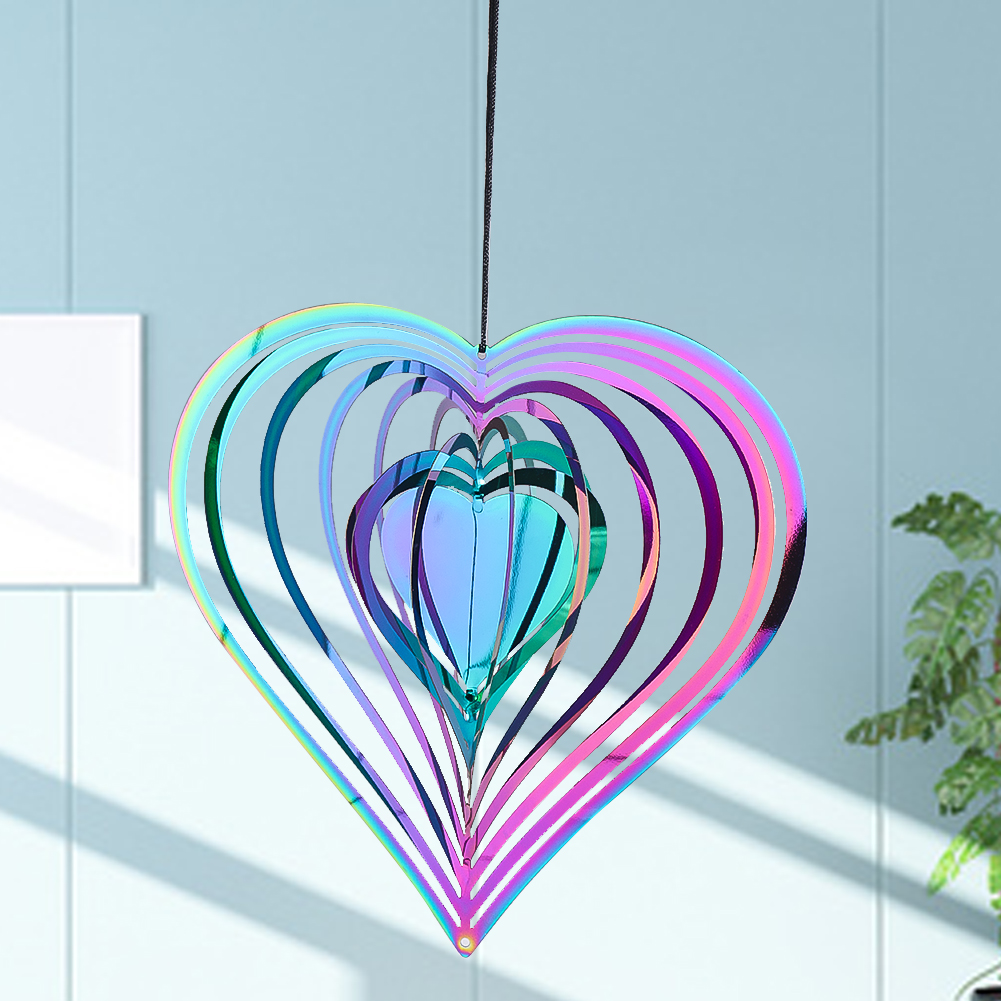 Colorful Heart Wind Spinner 3D Rotating Wind Catcher Flowing Love Windchime Garden Yard Hanging Decor Reflection Bird Repellent