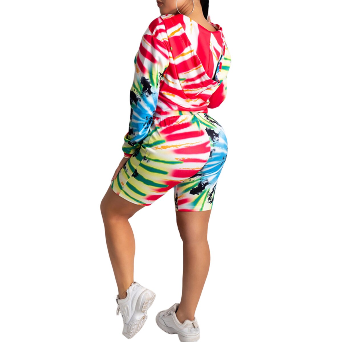 Tie Dye Drucken Casual Sport Zwei Stück Set Frauen Langarm Mit Kapuze Sweatshirt Top + Shorts Lauf Outfit Streetwear