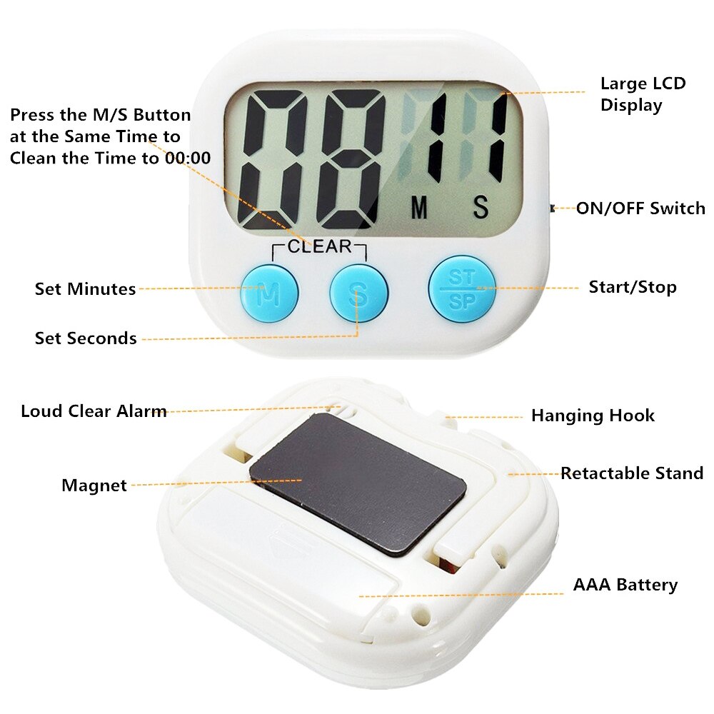 Minuteur de cuisine numérique à gros chiffres, alarme puissante, support magnétique avec grand écran lcd pour la cuisine, la pâtisserie, le sport et les jeux