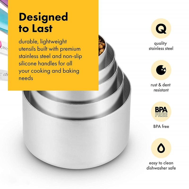 Juego de tazas medidoras cucharas de acero inoxidable cuchara taza para medir para hornear té y café herramientas de cocina con mango de silicona