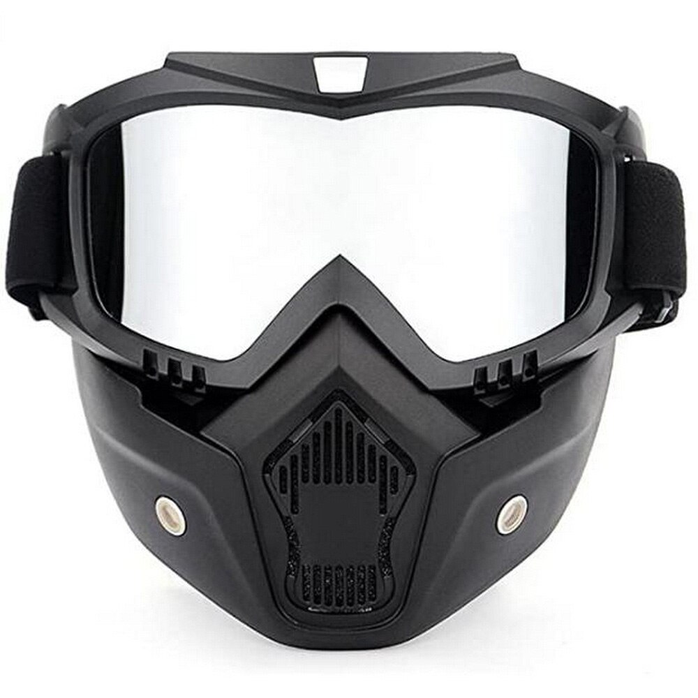Motorcycle Helmet with Riding Goggles Glasses with Removable Face Mask,Detachable Fog-proof Warm Goggles Bicycle Motorcycle Caps: Silver